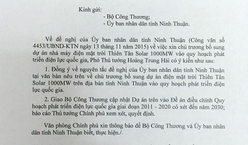 Chính phủ cho phép bổ xung 1000MW vào Thiên Tân Solar tại Ninh Thuận